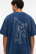 Erkek Nakış Detaylı Yıkamalı Oversize T-Shirt Lacivert - 0