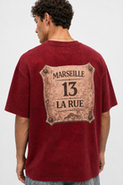 Erkek Marseille Baskılı Yıkamalı Oversize T-Shirt Bordo - 0