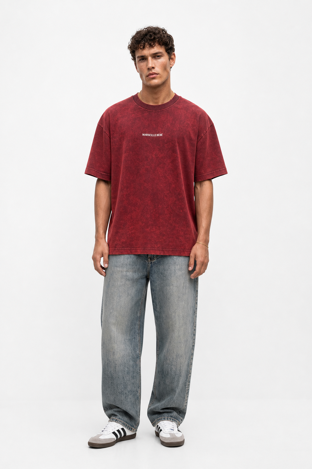 Erkek Marseille Baskılı Yıkamalı Oversize T-Shirt Bordo - 1