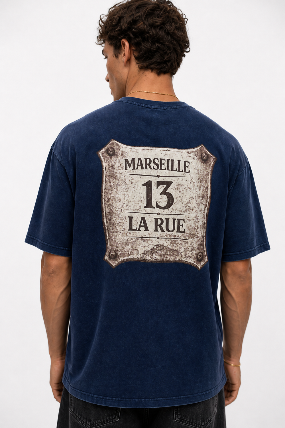 Erkek Marseille Baskılı Yıkamalı Oversize T-Shirt Lacivert - 0