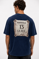 Erkek Marseille Baskılı Yıkamalı Oversize T-Shirt Lacivert - 0