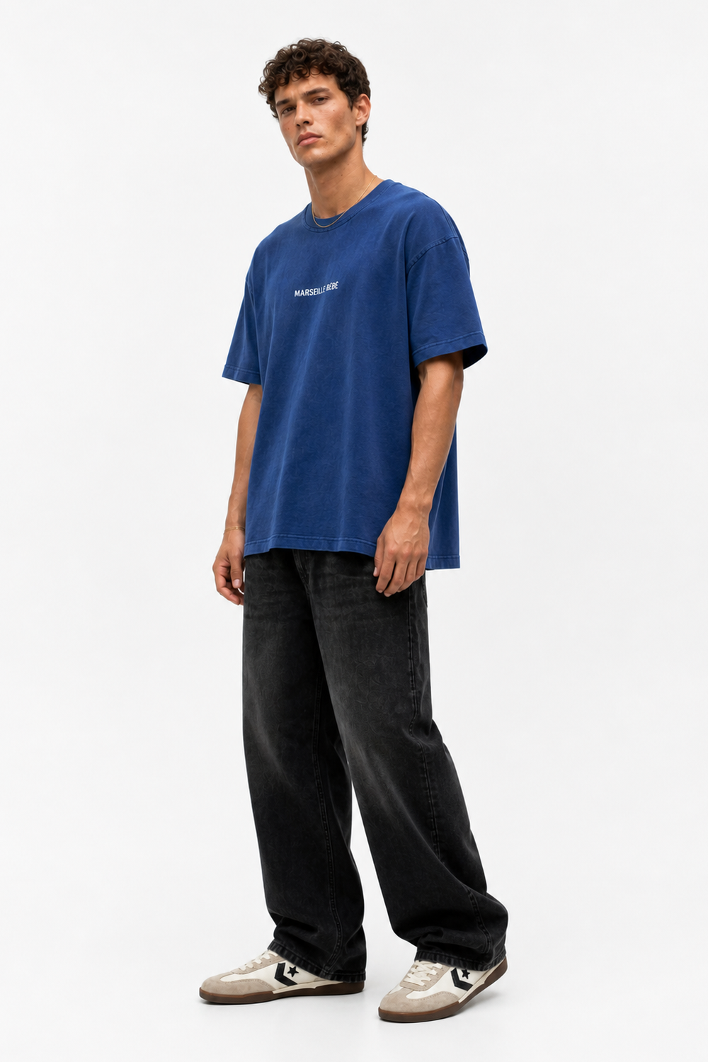 Erkek Marseille Baskılı Yıkamalı Oversize T-Shirt Lacivert - 2