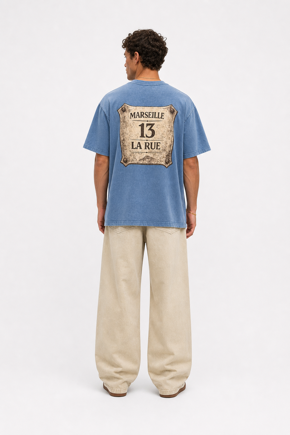 Erkek Marseille Baskılı Yıkamalı Oversize T-Shirt Bebe Mavi - 3