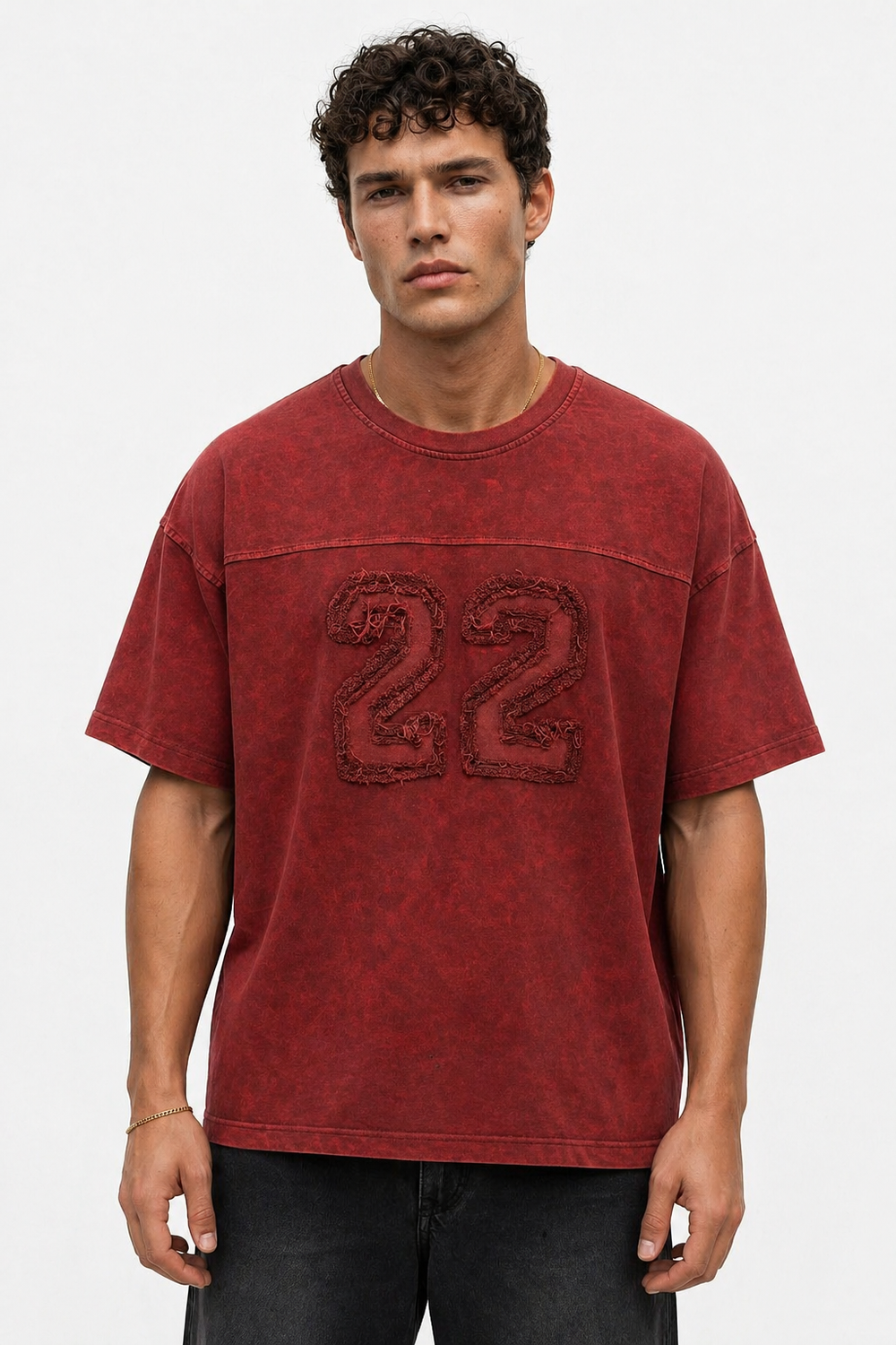 Erkek 22 Nakışlı Yıkamalı Oversize T-Shirt Bordo - 0