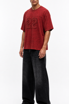Erkek 22 Nakışlı Yıkamalı Oversize T-Shirt Bordo - 1