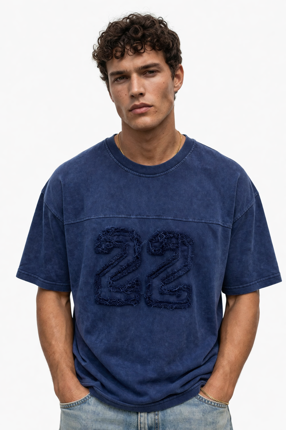Erkek 22 Nakışlı Yıkamalı Oversize T-Shirt Lacivert - 0
