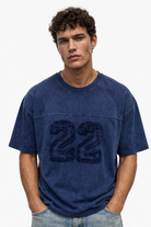 Erkek 22 Nakışlı Yıkamalı Oversize T-Shirt Lacivert - 0