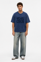 Erkek 22 Nakışlı Yıkamalı Oversize T-Shirt Lacivert - 1