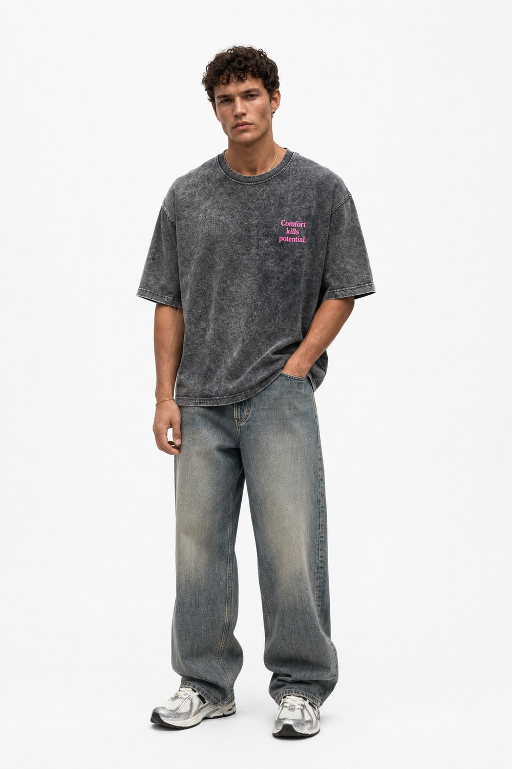 Erkek Puf Baskılı Yıkamalı Oversize T-Shirt Siyah - 2
