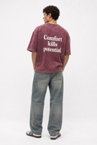 Erkek Puf Baskılı Yıkamalı Oversize T-Shirt Bordo - 0