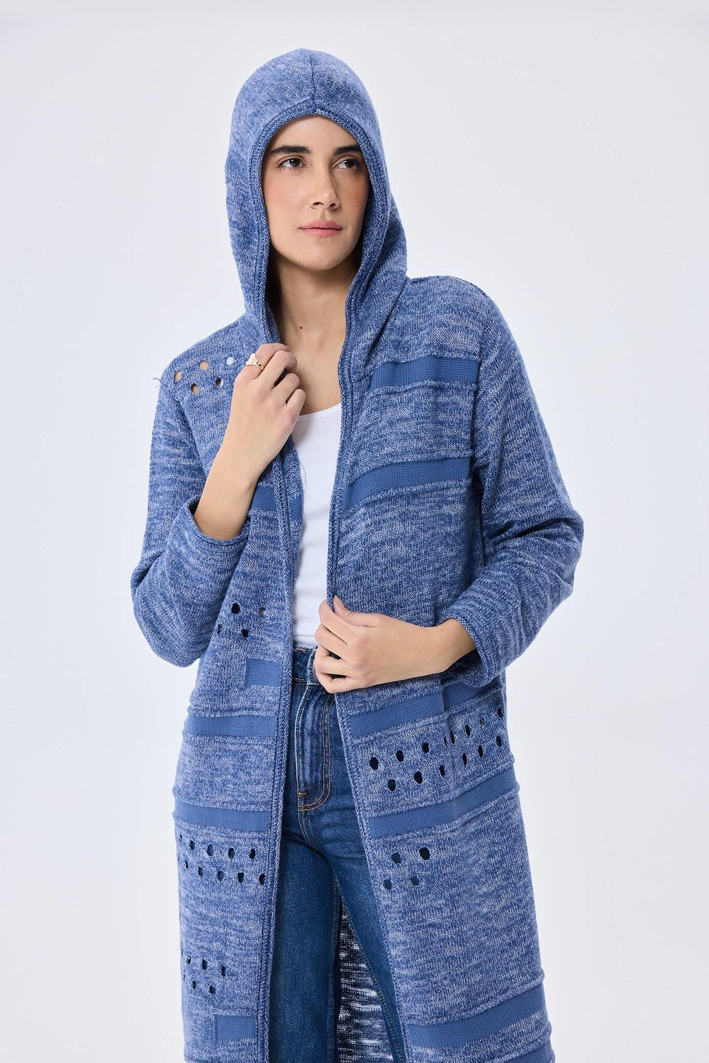 Skyler, Ajurlu, Kadın Kapüşonlu Yazlık Uzun Triko Hırka - Denim Mix - 3