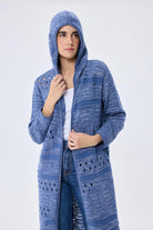Skyler, Ajurlu, Kadın Kapüşonlu Yazlık Uzun Triko Hırka - Denim Mix - 3