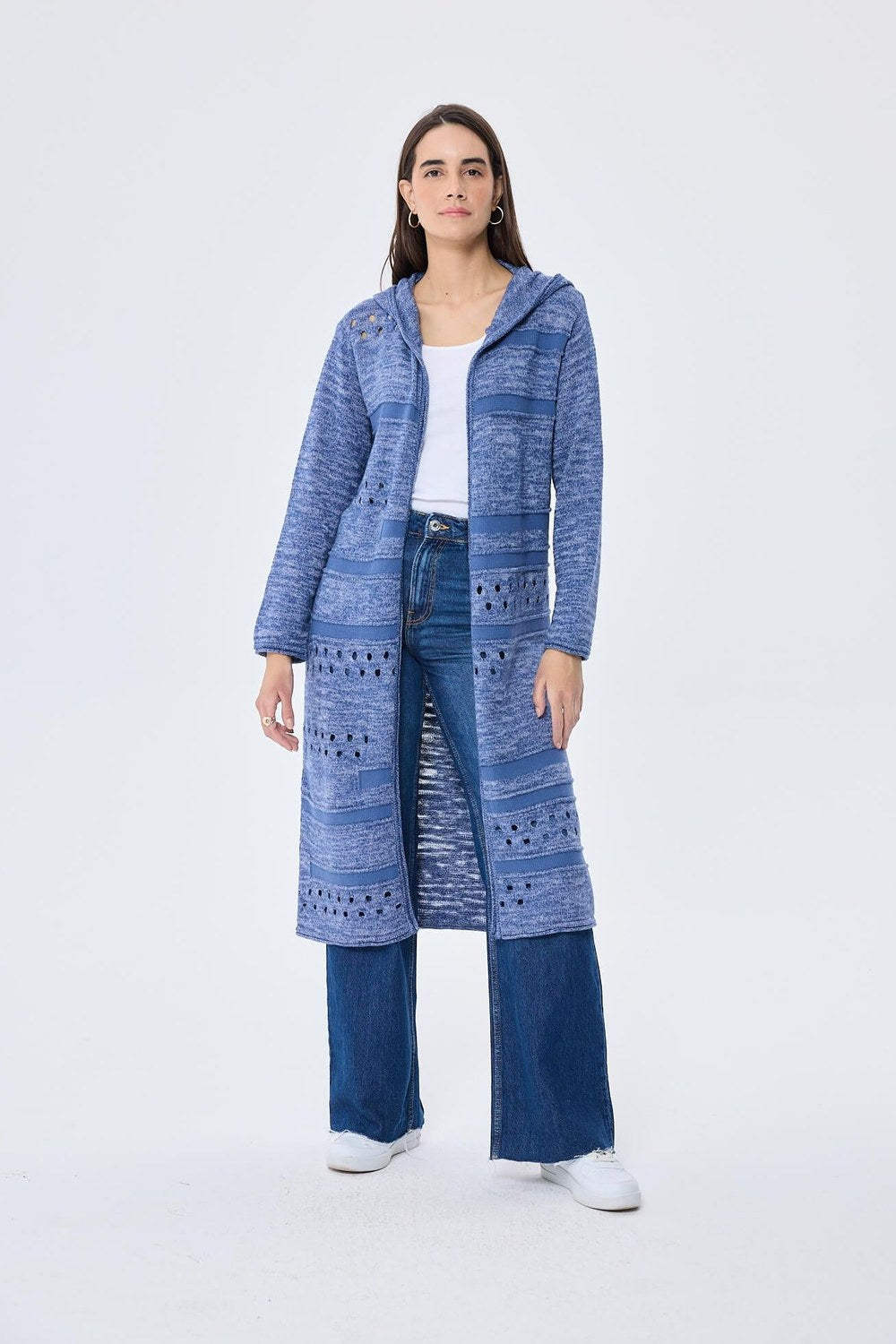 Skyler, Ajurlu, Kadın Kapüşonlu Yazlık Uzun Triko Hırka - Denim Mix - 4