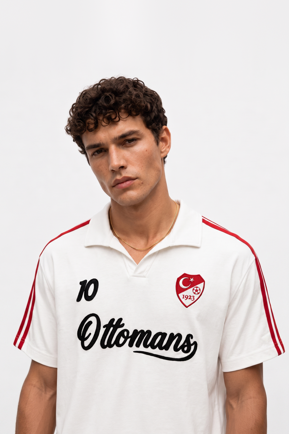 Erkek Şerit Detaylı Retro Forma T-Shirt - Ekru - 1