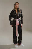 Aci Kahve-Pudra Miks Saten Şal Yaka Kimono-Pantolon Takim - 0