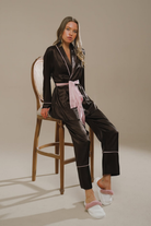 Aci Kahve-Pudra Miks Saten Şal Yaka Kimono-Pantolon Takim - 1