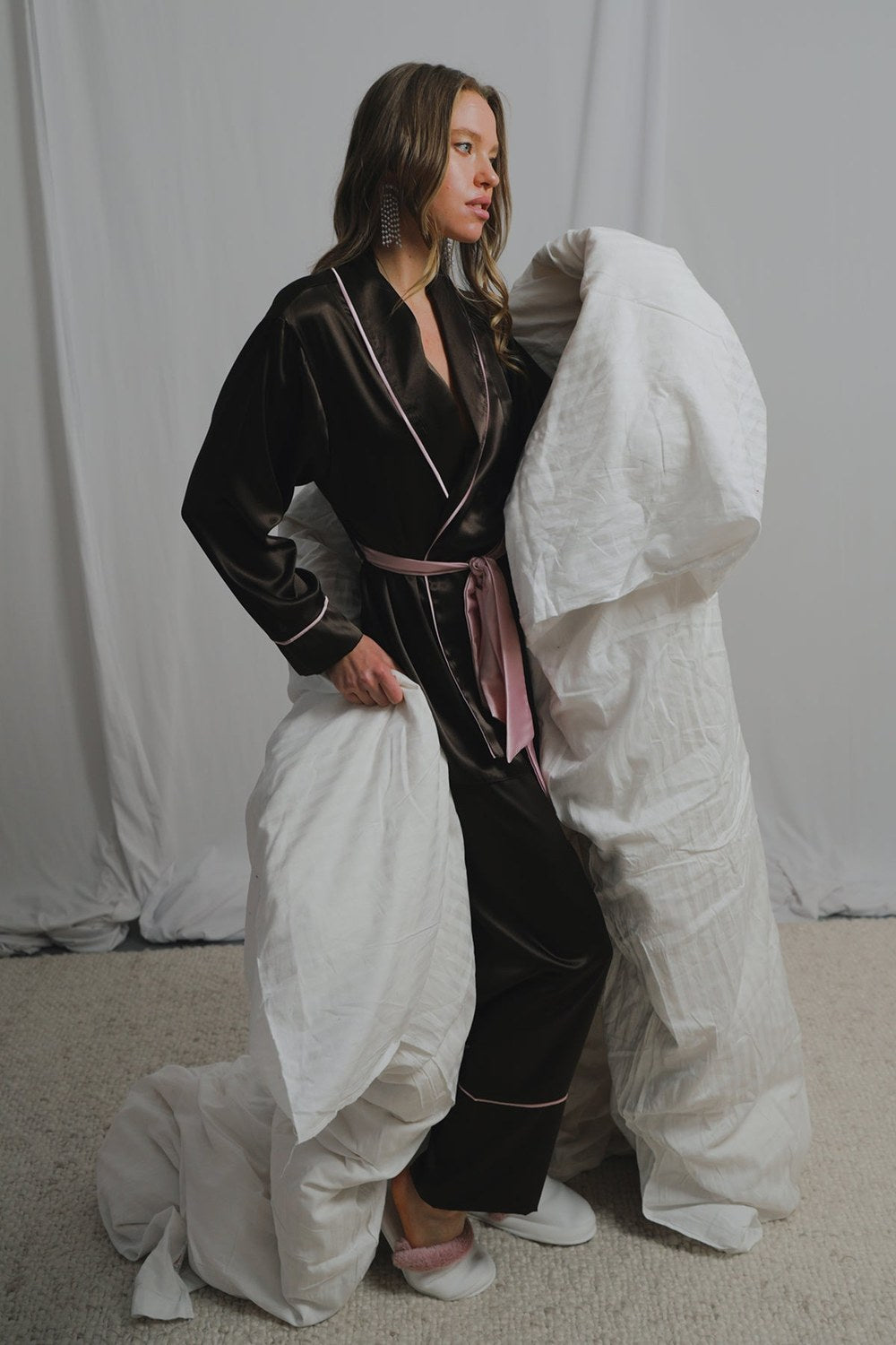 Aci Kahve-Pudra Miks Saten Şal Yaka Kimono-Pantolon Takim - 4