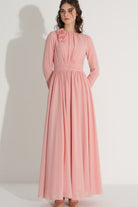 Çiçek Aksesuarlı Simli Elbise - Pembe - 0