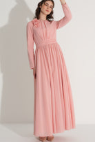 Çiçek Aksesuarlı Simli Elbise - Pembe - 2