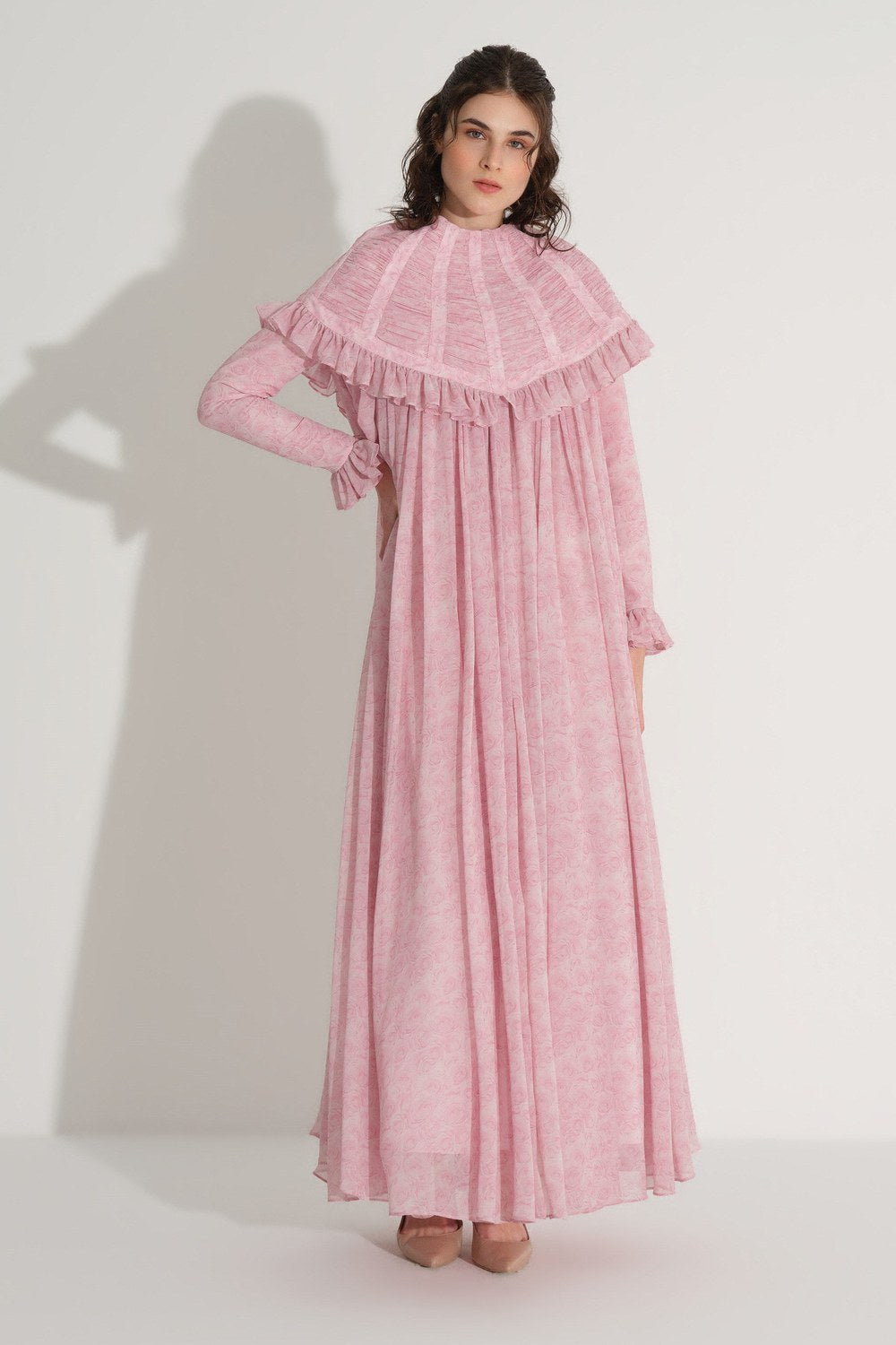 Üstü Takma Pelerinli Şifon Elbise - Pembe - 3