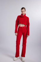 Yüksek Bel Slim Flare Likralı Alert Jean Pantolon, Kırmızı - 1