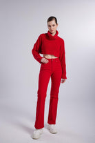 Yüksek Bel Slim Flare Likralı Alert Jean Pantolon, Kırmızı - 3