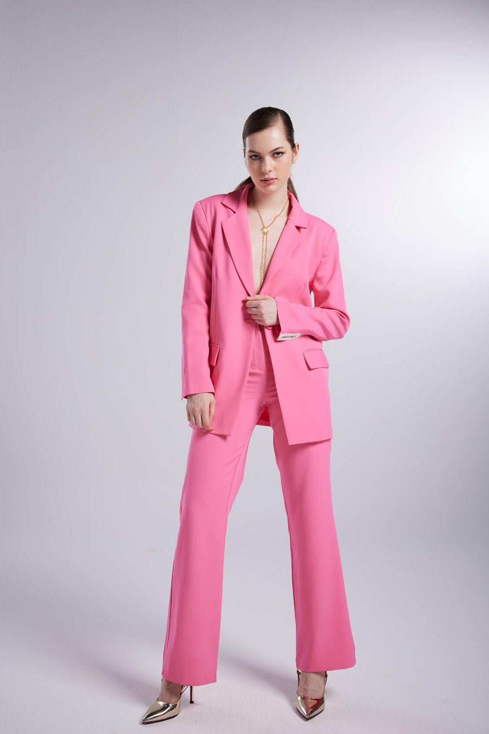 Yüksek Bel Düğme Kapamalı Panky Kumaş Pantolon,Pembe - 3