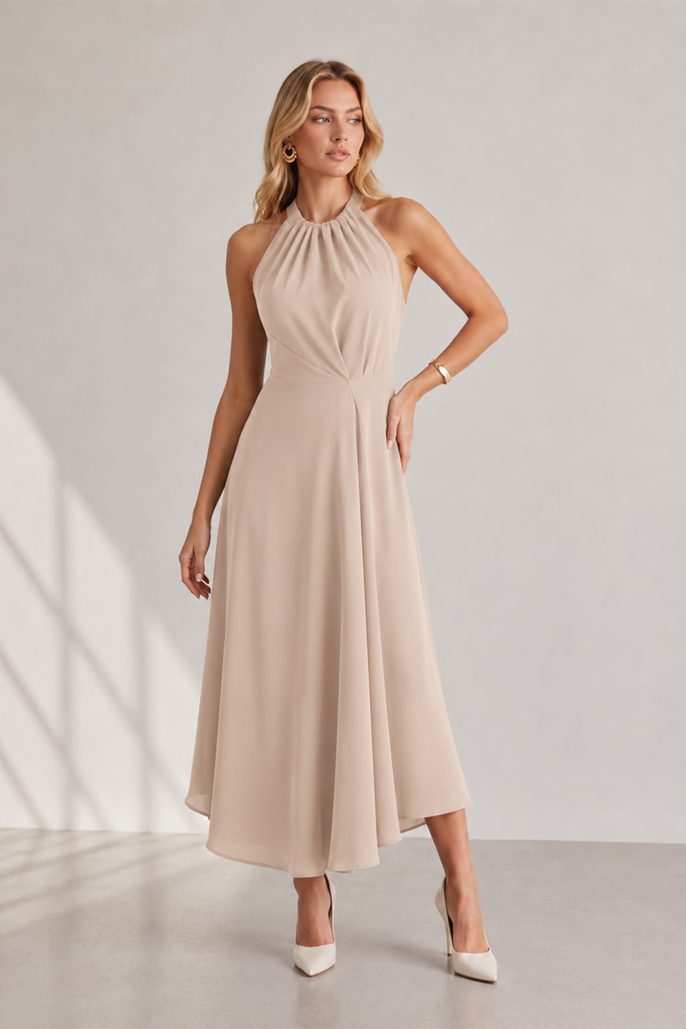 Kadın Bej Halter Yaka Midi Aqua Elbise - 0