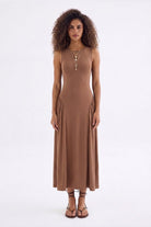 Elaris Bodycon Viskon Midi Elbise, Bej - 0