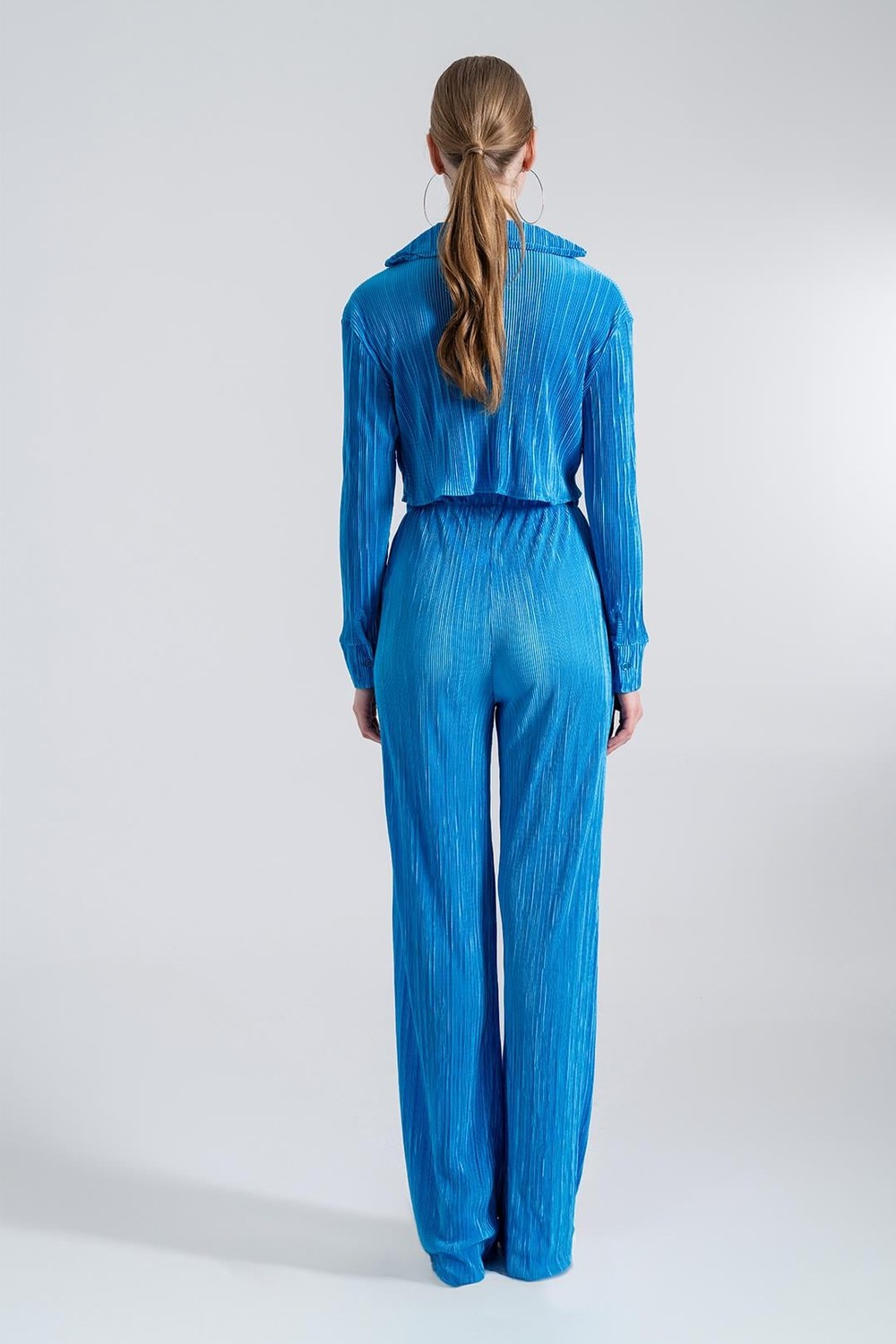 Beli Lastikli Pliseli Bol Paça Pantolon, Mavi - 3