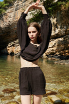 Manşetli Siyah Müslin Crop - 4