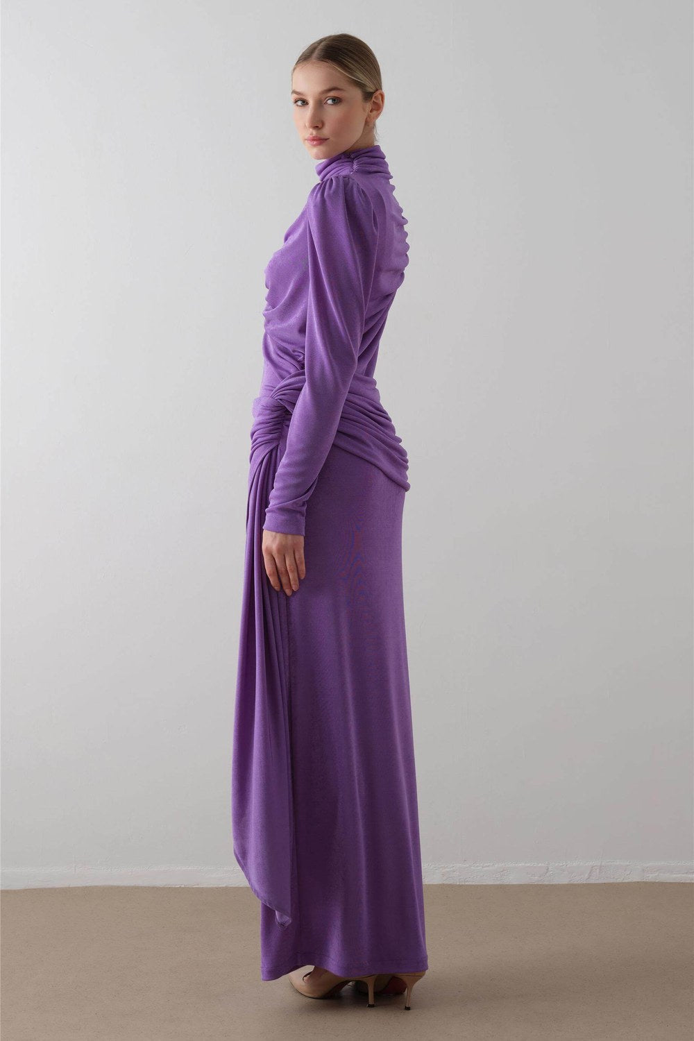 Dökümlü Örme Elbise – Lila - 1