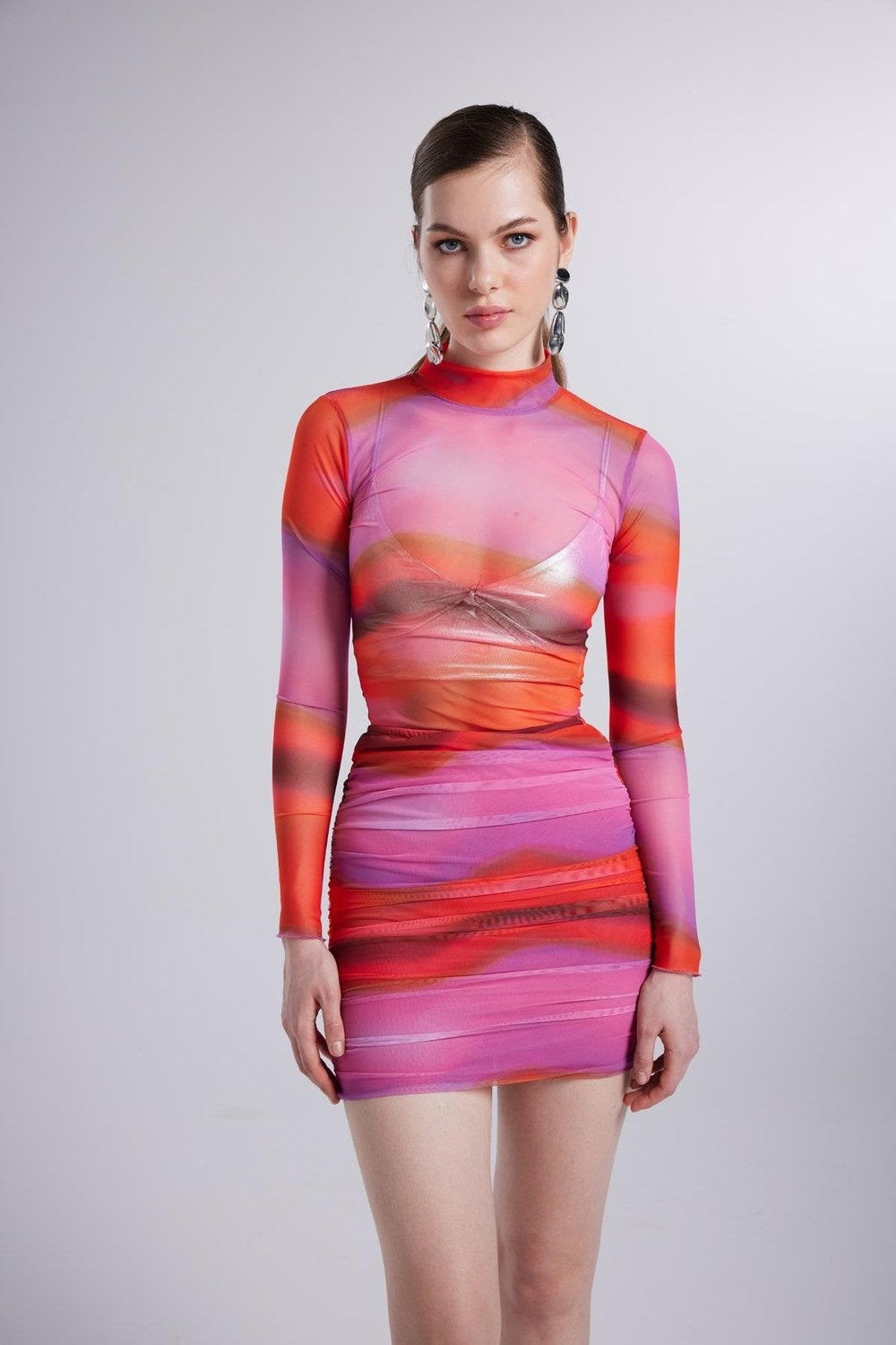 Balıkçı Yaka Tül Bluz Ve Astarlı Mini Etek İkili Takım, Pembe - 1