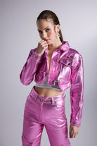Varak Kaplama Crop Ceket, Pembe - 0