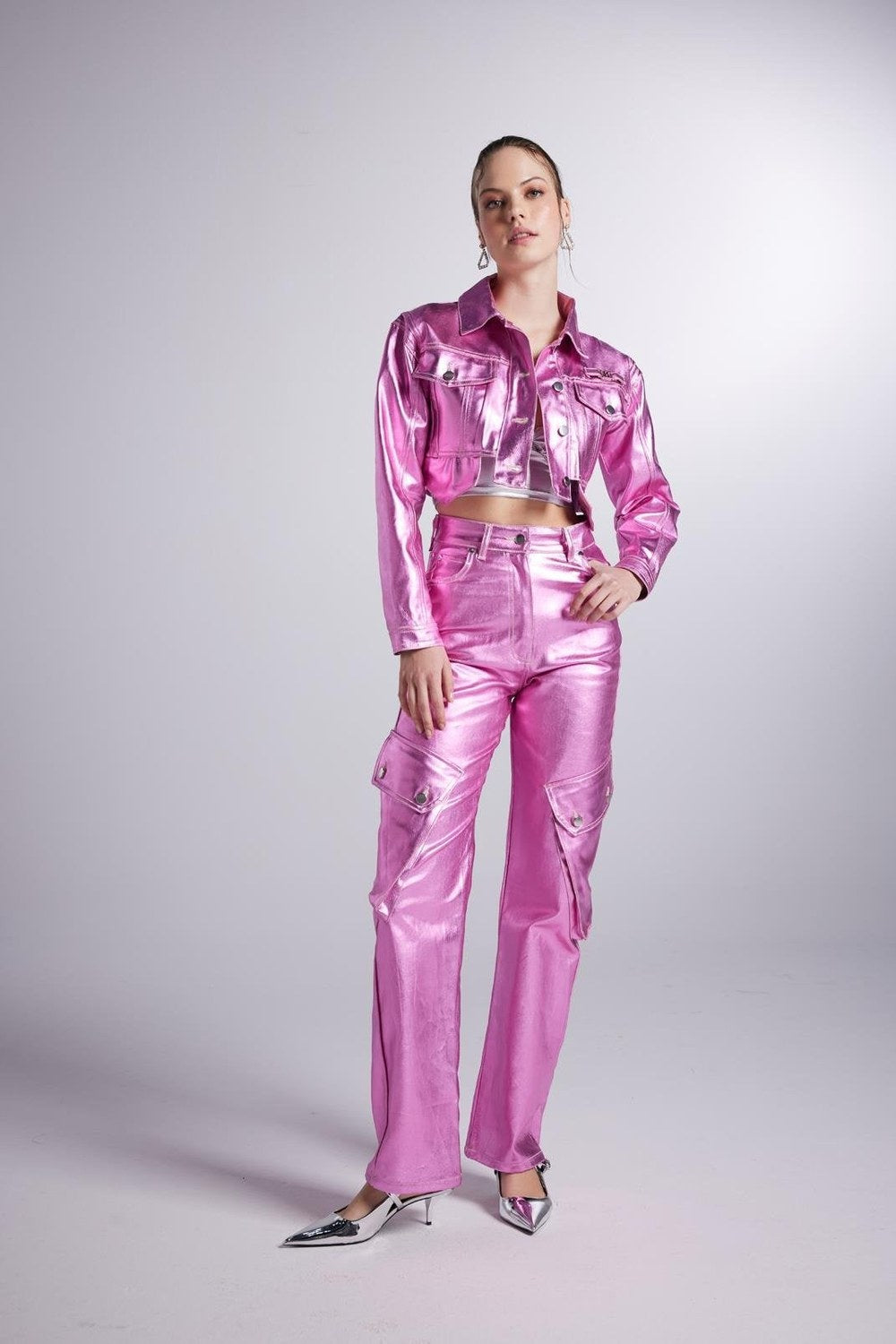 Varak Kaplama Crop Ceket, Pembe - 1