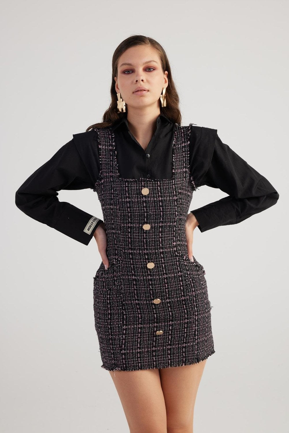 Metal Düğme Detaylı Mini Tweed Elbise Siyah - 1