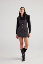 Metal Düğme Detaylı Mini Tweed Elbise Siyah - 3