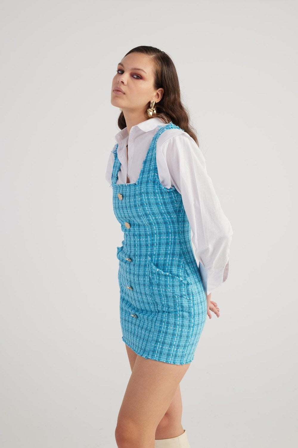 Metal Düğme Detaylı Mini Tüvit Tweed Elbise Mavi - 1