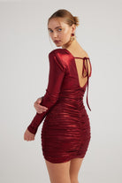 Parlak Kumaşlı Drapeli Mini Karly Elbise Bordo - 4