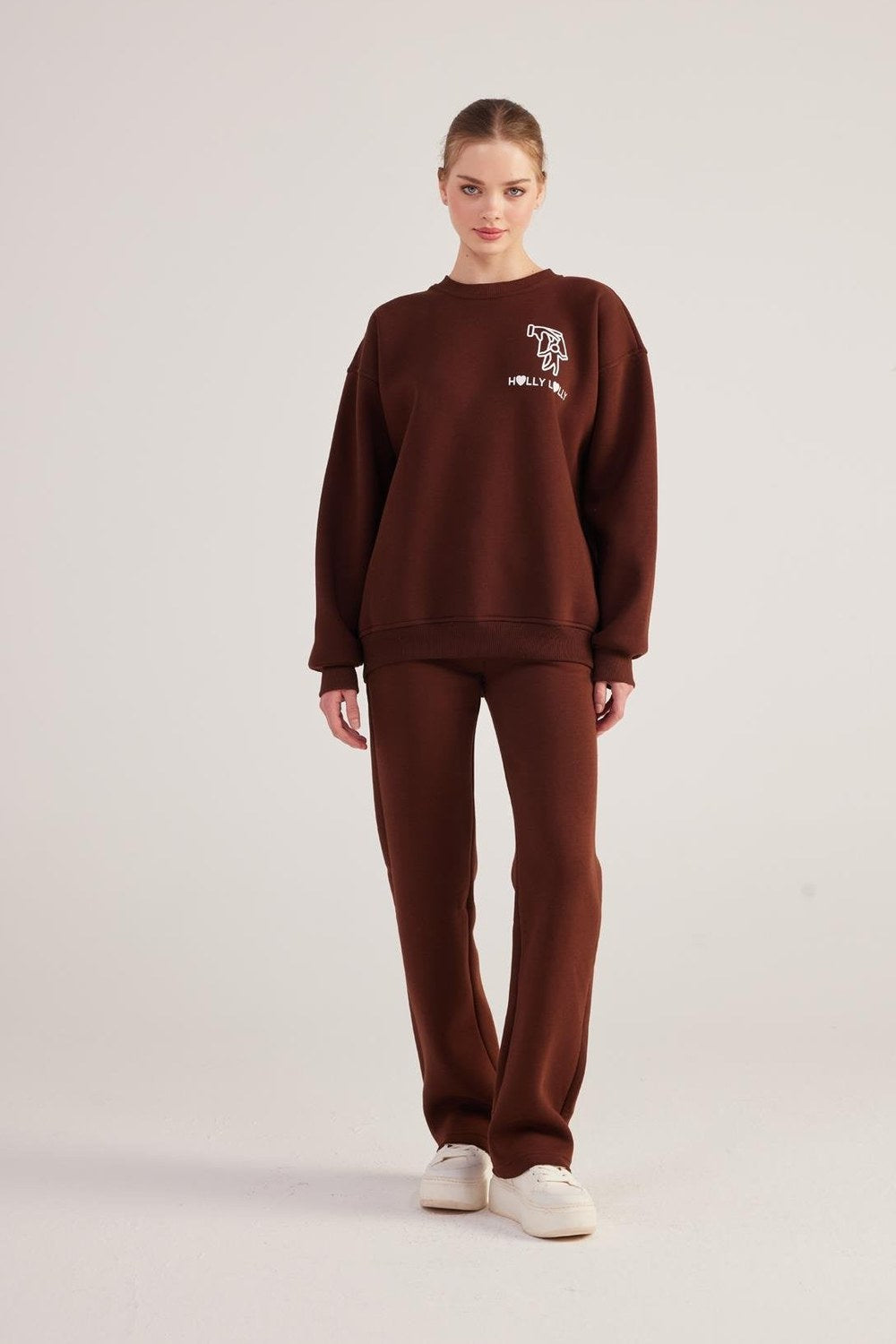Oversize Kesim Unisex Baskılı Sweatshirt, Kahve - 0