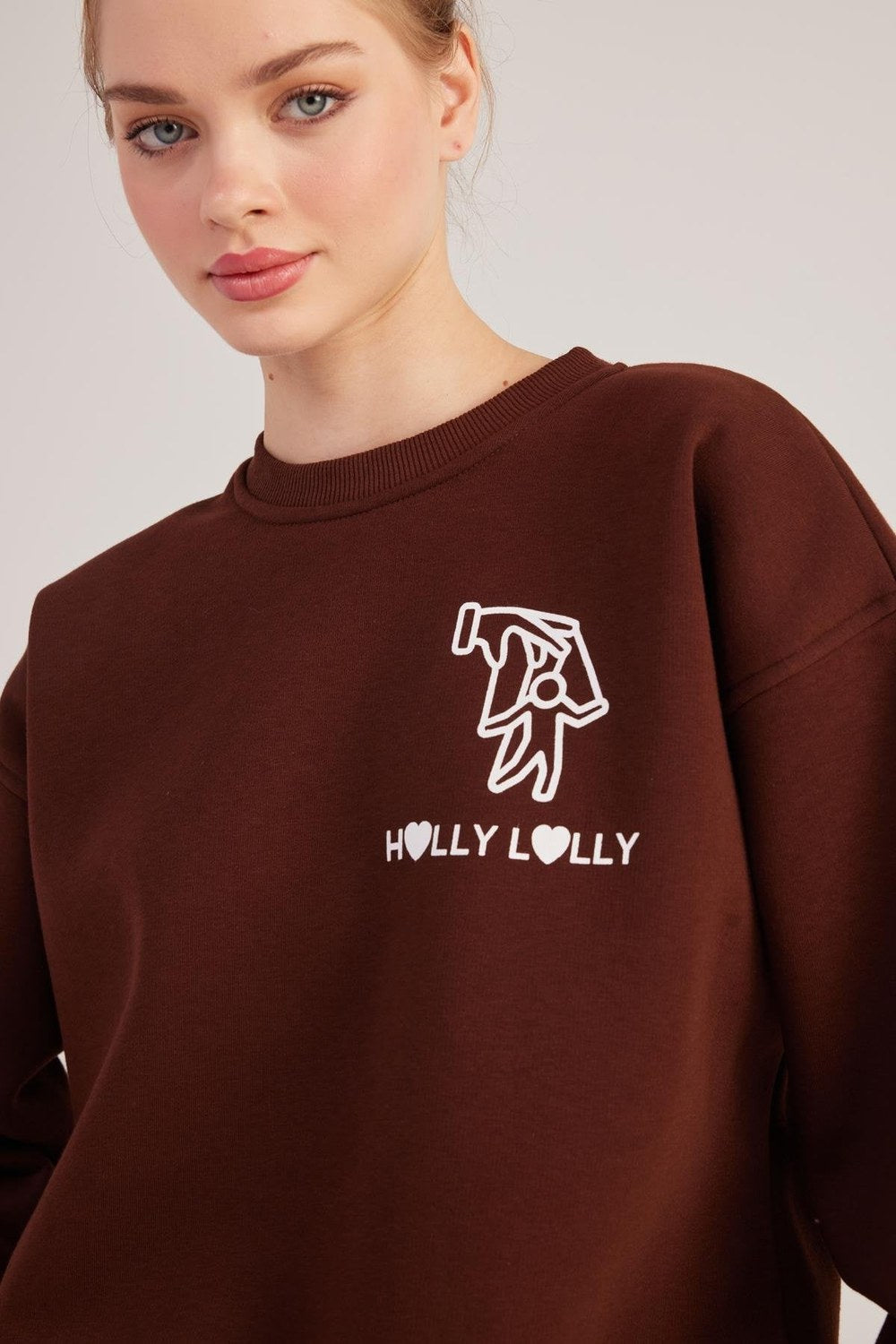Oversize Kesim Unisex Baskılı Sweatshirt, Kahve - 2