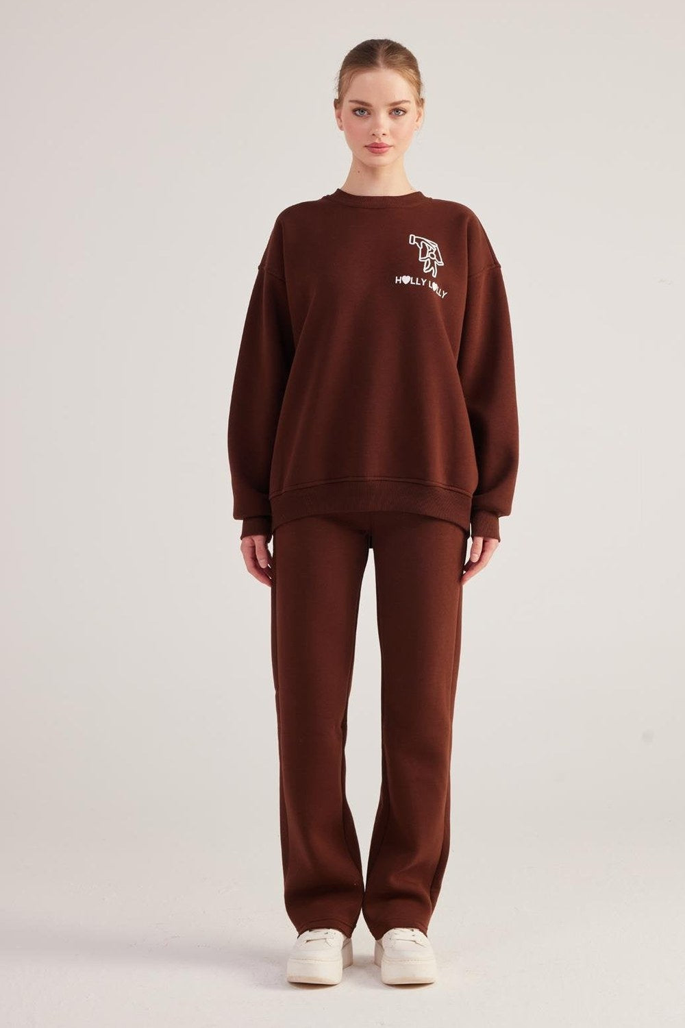 Oversize Kesim Unisex Baskılı Sweatshirt, Kahve - 4