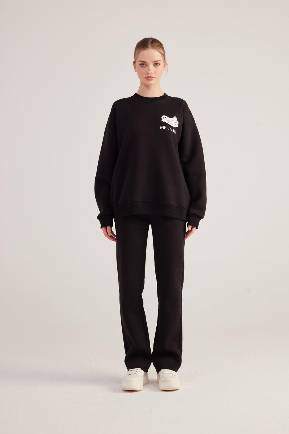 Oversize Kesim Unisex Baskılı Sweatshirt, Siyah - 0