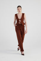 Geniş Paça Pilili Yüksek Bel Palazzo Giselle Pantolon Kahve - 2