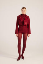Yakası Saten Detaylı Camila Crop Blazer Ceket Bordo - 0