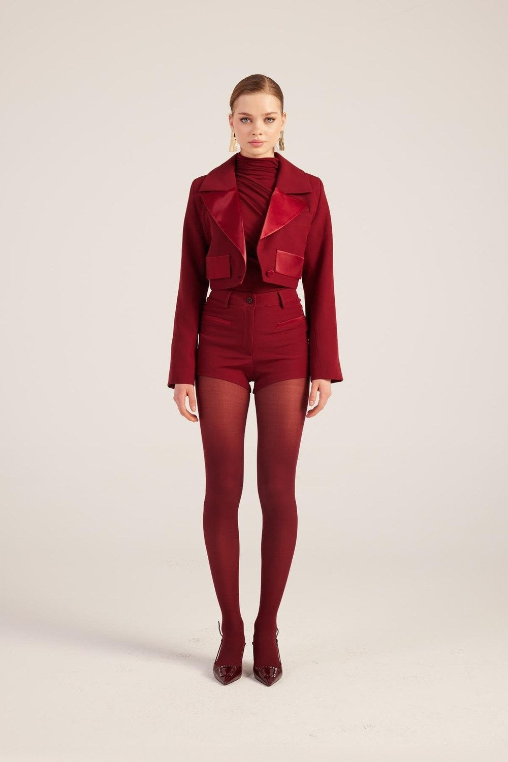 Yakası Saten Detaylı Camila Crop Blazer Ceket Bordo - 2