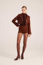 Yakası Saten Detaylı Camila Crop Blazer Ceket Kahve - 2