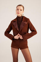 Yakası Saten Detaylı Camila Crop Blazer Ceket Kahve - 3