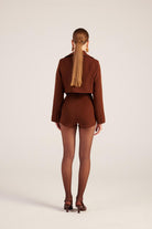Yakası Saten Detaylı Camila Crop Blazer Ceket Kahve - 4