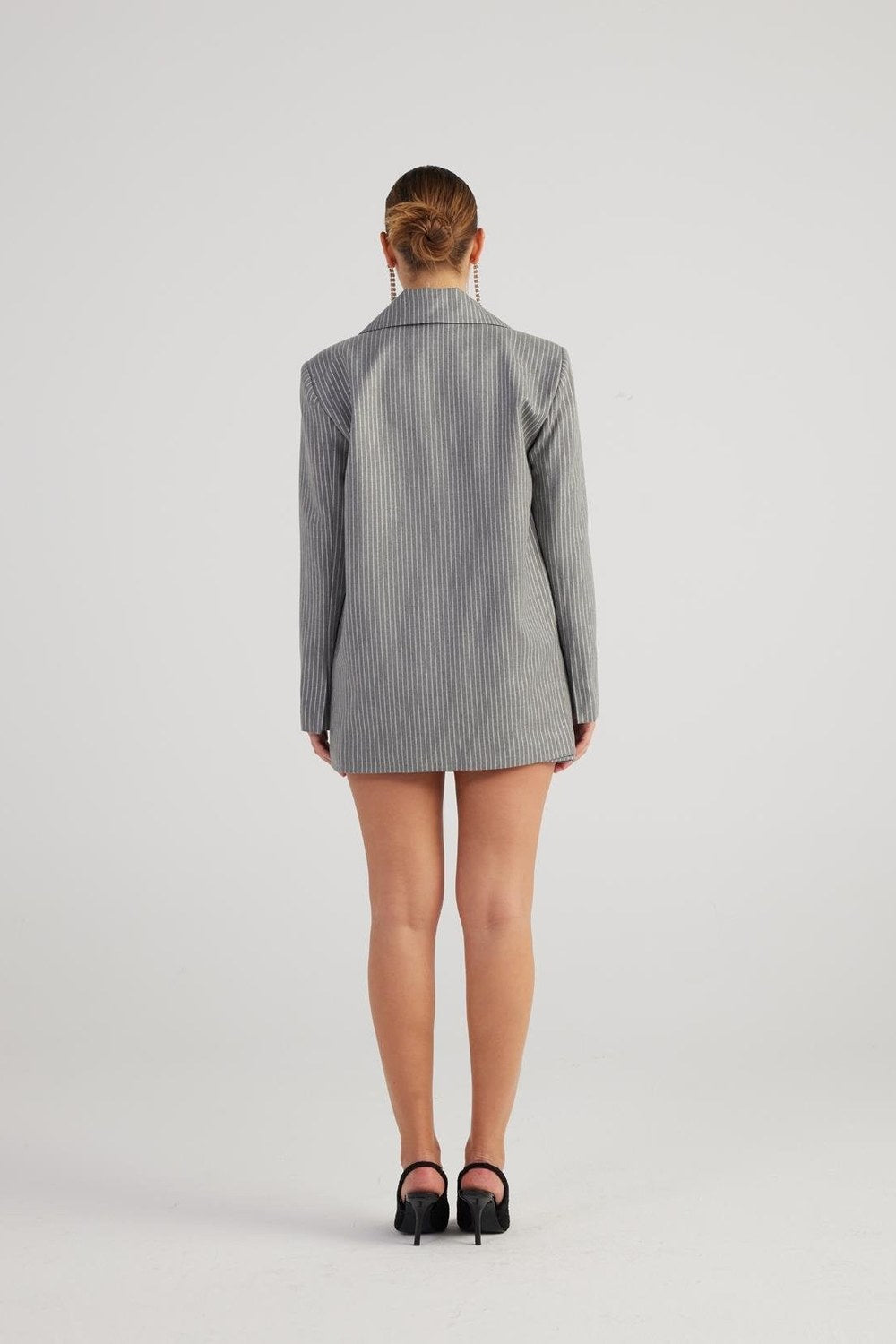 Oversize Kesim Simli Çizgili Eden Blazer Ceket Gri - 4